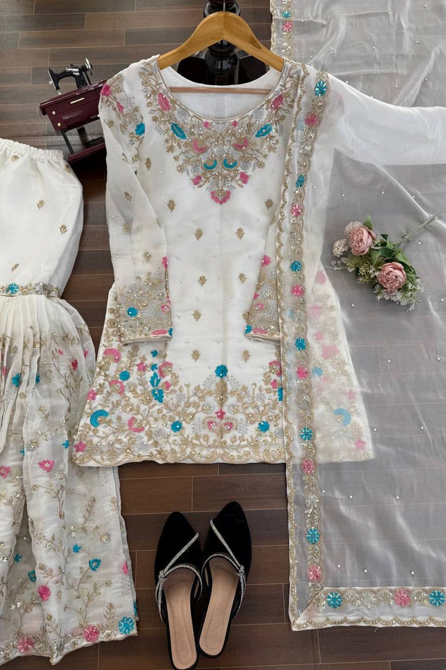 Off White Floral Embroidered Art Silk Sharara Suit (RT-5956-white)