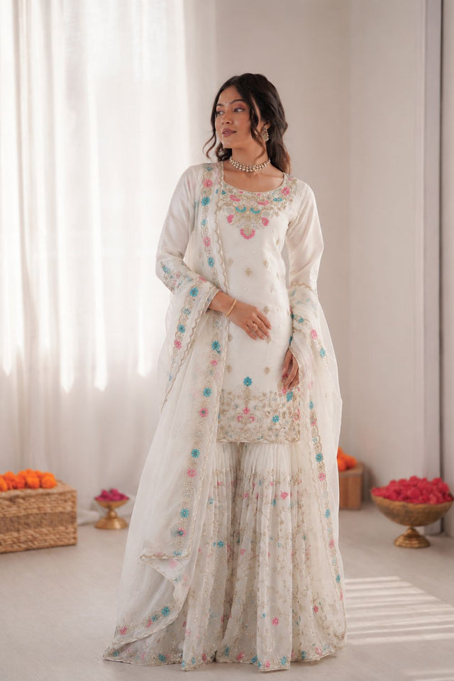 Off White Floral Embroidered Art Silk Sharara Suit (RT-5956-white)