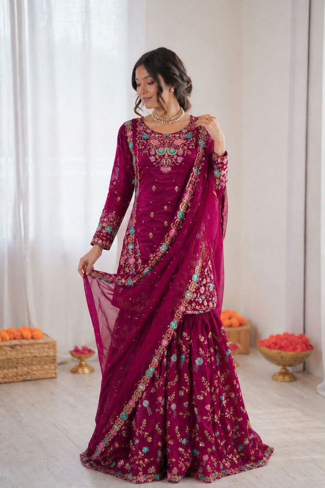 Violet Floral Embroidered Art Silk Sharara Suit (RT-5956-wine)
