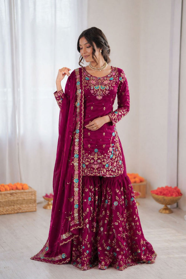 Violet Floral Embroidered Art Silk Sharara Suit (RT-5956-wine)