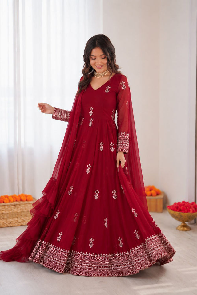 Dark Pink Floral Embroidered Georgette Anarkali Suit (RT-5980)