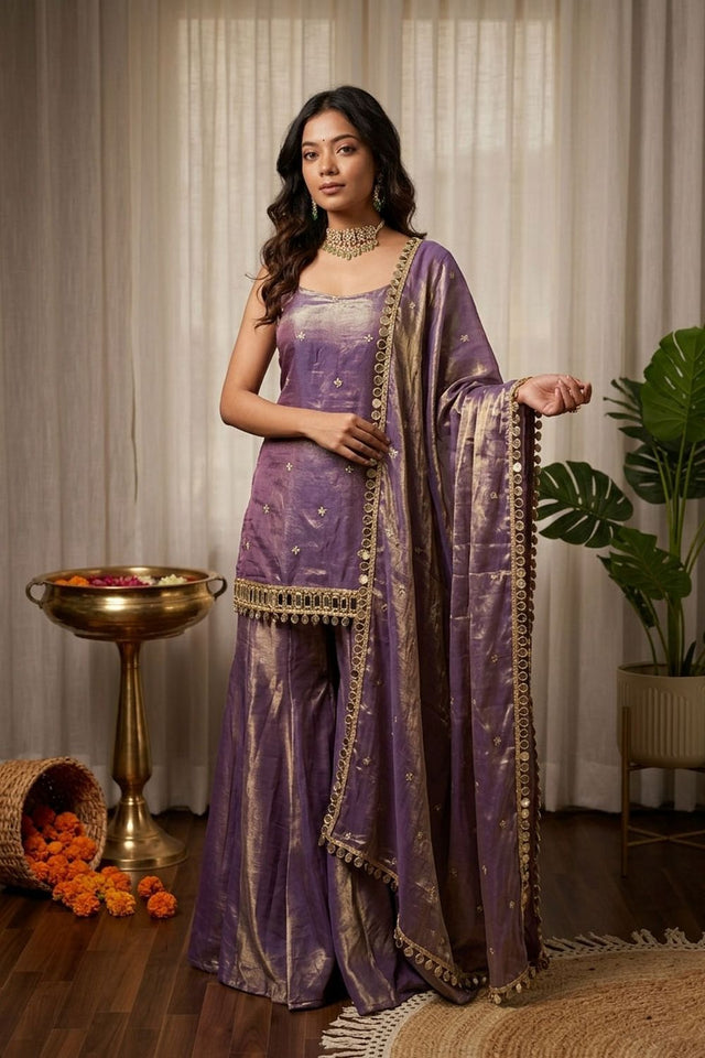 Lavender Floral Embroidered Art Silk Sharara Suit (RT-5992-lavender)