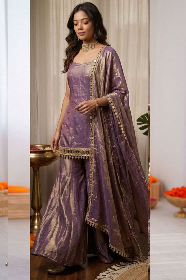Lavender Floral Embroidered Art Silk Sharara Suit (RT-5992-lavender)