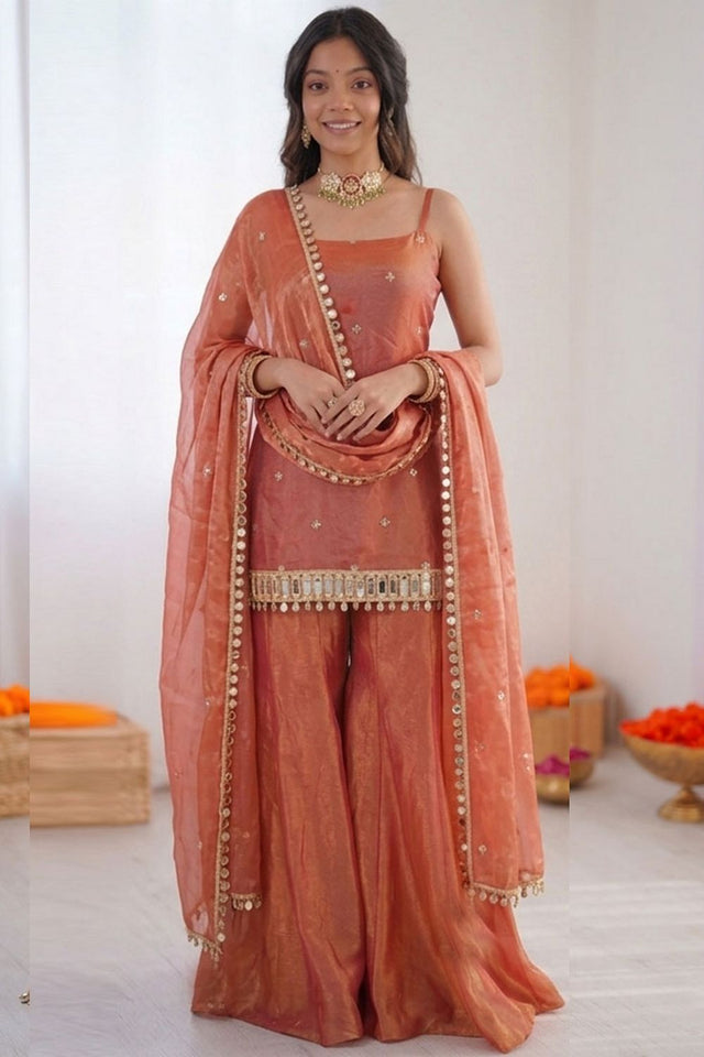 Orange Floral Embroidered Art Silk Sharara Suit (RT-5992-rust orange)