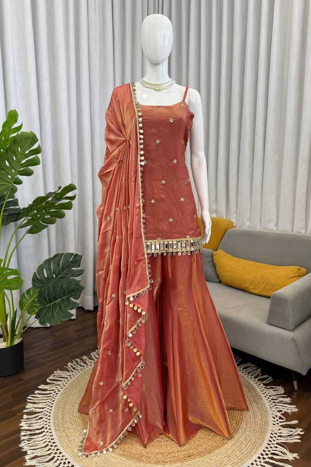 Orange Floral Embroidered Art Silk Sharara Suit (RT-5992-rust orange)