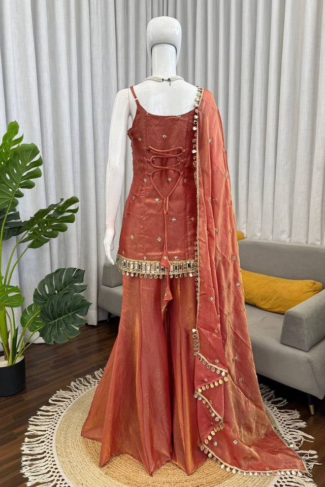 Orange Floral Embroidered Art Silk Sharara Suit (RT-5992-rust orange)