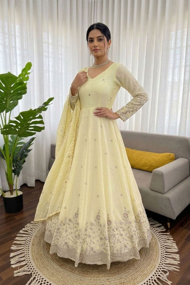 Off White Floral Embroidered Art Silk Anarkali Suit (RT-5993)