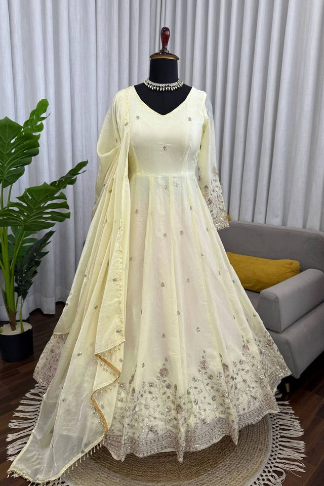 Off White Floral Embroidered Art Silk Anarkali Suit (RT-5993)