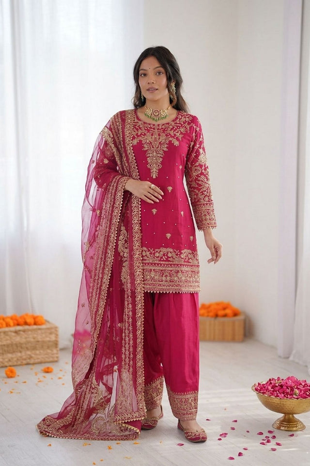 Pink Floral Embroidered Crepe Patiala Suit (RT-5997)