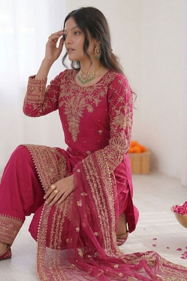 Pink Floral Embroidered Crepe Patiala Suit (RT-5997)