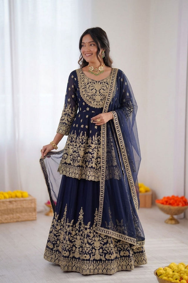 Blue Floral Embroidered Georgette Skirt Set (RT-5998)