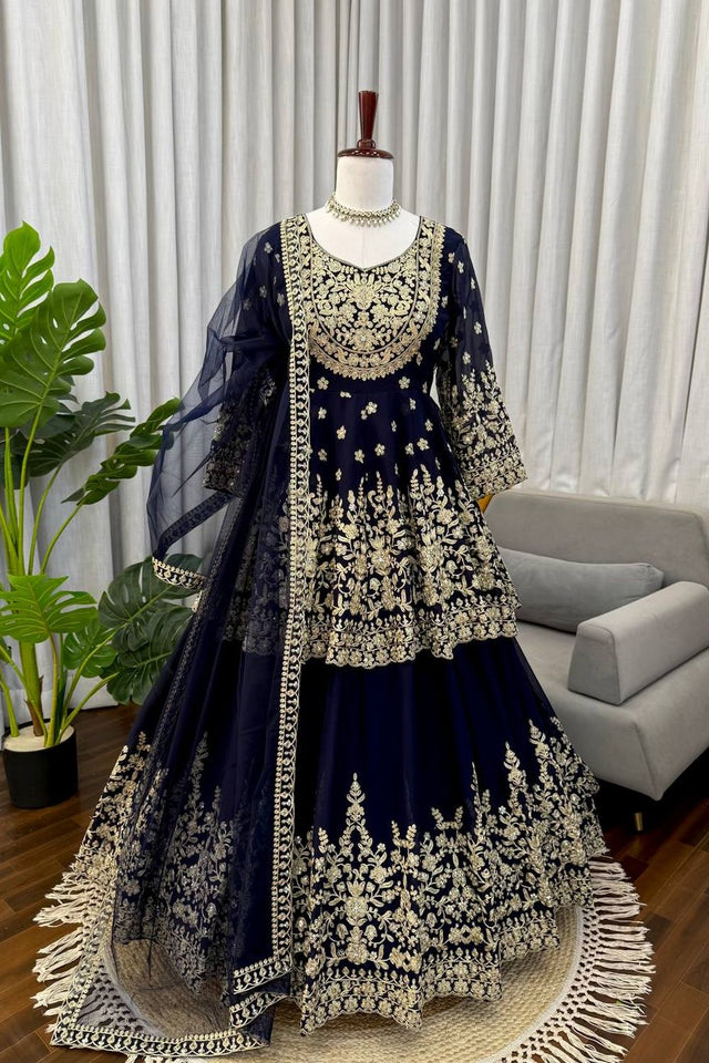Blue Floral Embroidered Georgette Skirt Set (RT-5998)