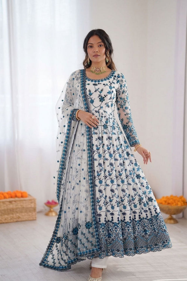 Off White Floral Printed Georgette Anarkali Suit (RT-6001)