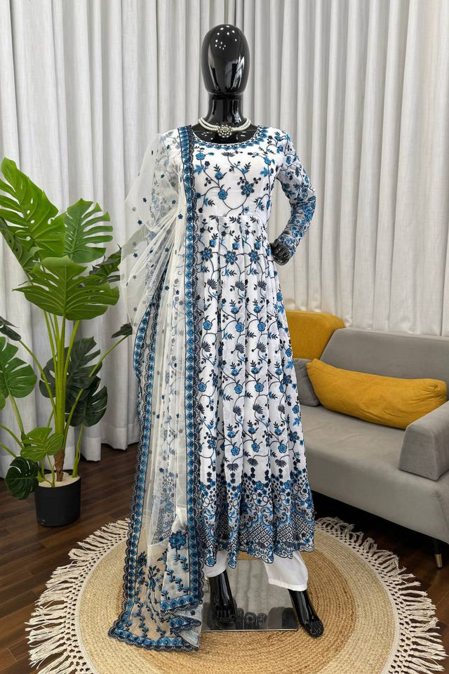 Off White Floral Printed Georgette Anarkali Suit (RT-6001)