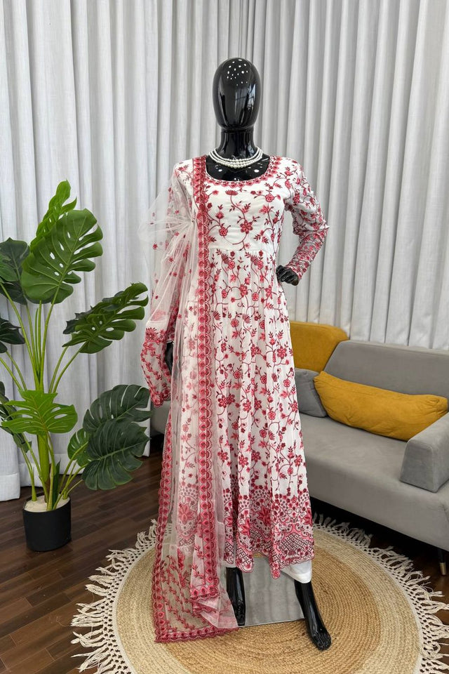 Off White Floral Printed Georgette Anarkali Suit (RT-6001-off white)