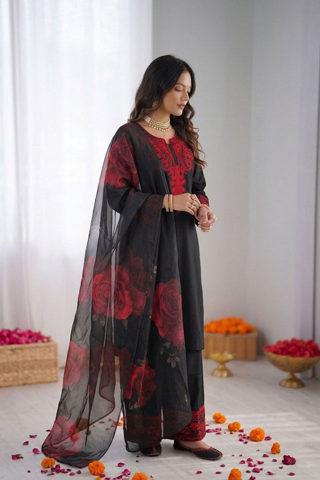 Black Floral Printed with Embroidered Rayon Palazzo Suit (RT-6002)