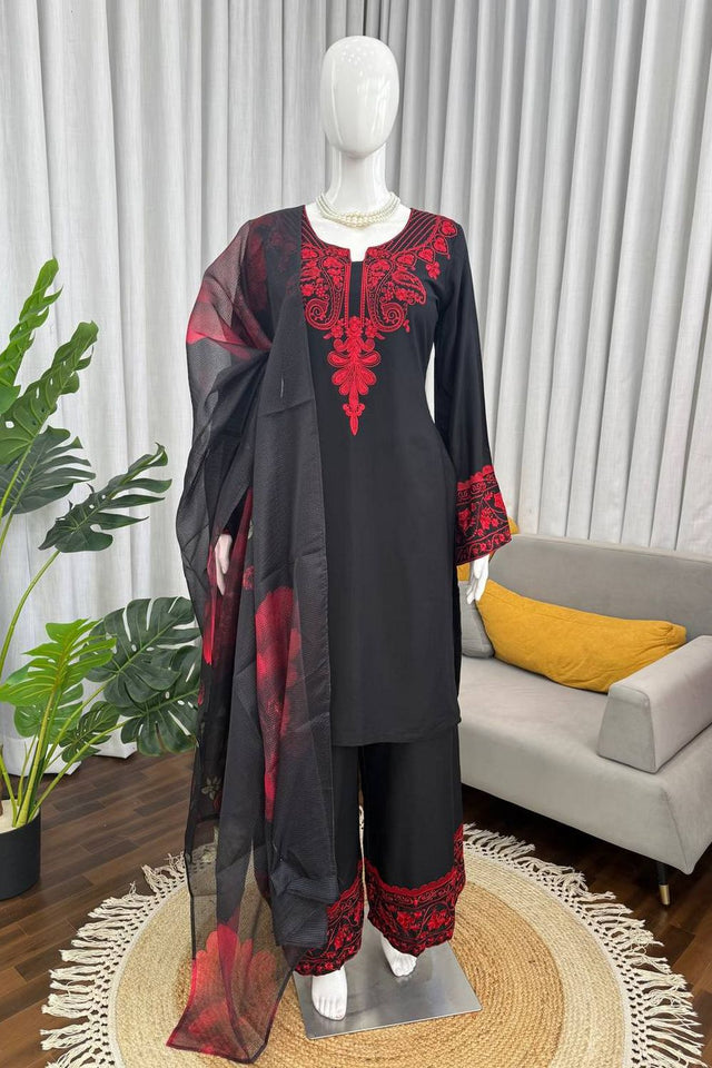 Black Floral Printed with Embroidered Rayon Palazzo Suit (RT-6002)