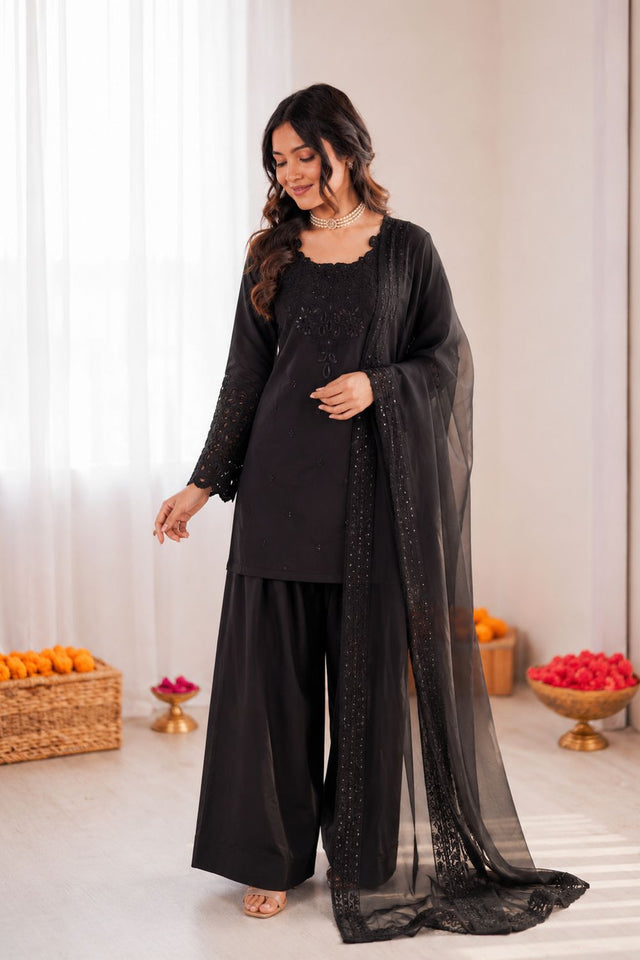 Black Embroidered Crepe Palazzo Suit (RT-6005-black)