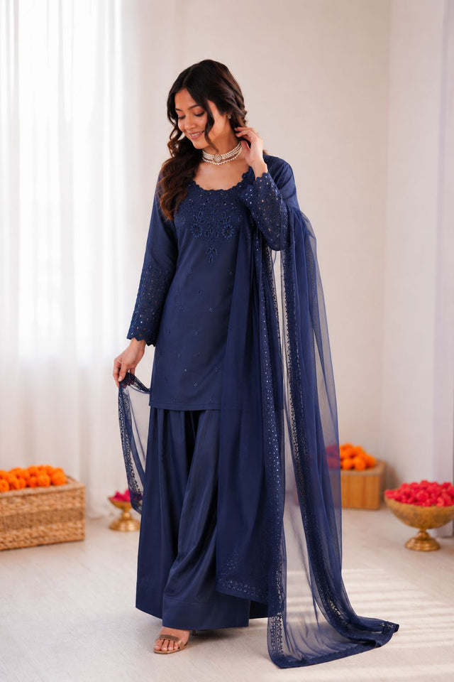 Blue Embroidered Crepe Palazzo Suit (RT-6005-blue)