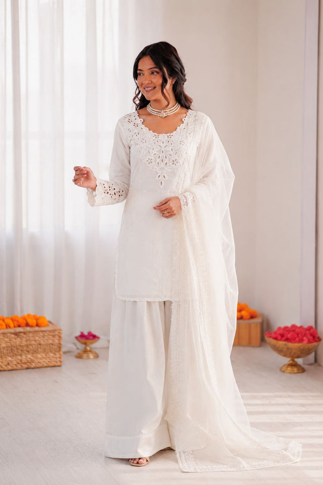 Off White Embroidered Crepe Palazzo Suit (RT-6005-off white)