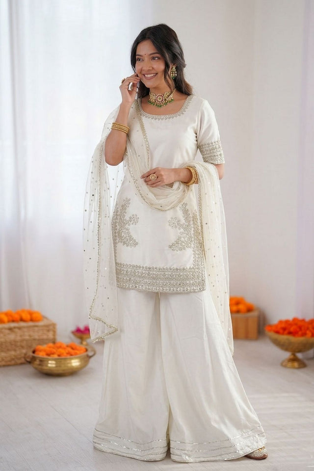 Off White Floral Embroidered Crepe Palazzo Suit (RT-6006)