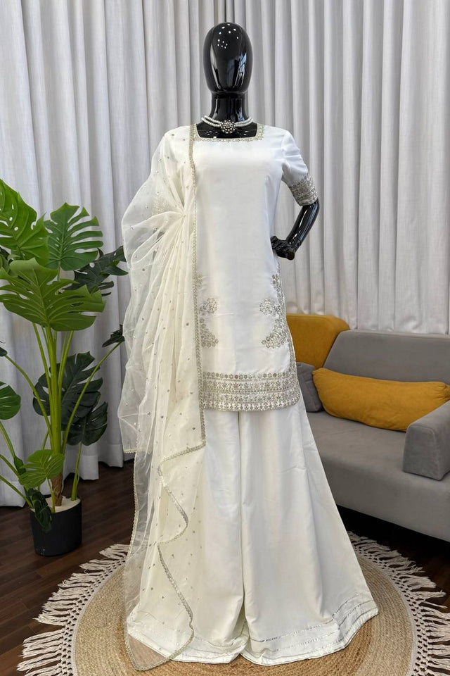 Off White Floral Embroidered Crepe Palazzo Suit (RT-6006)