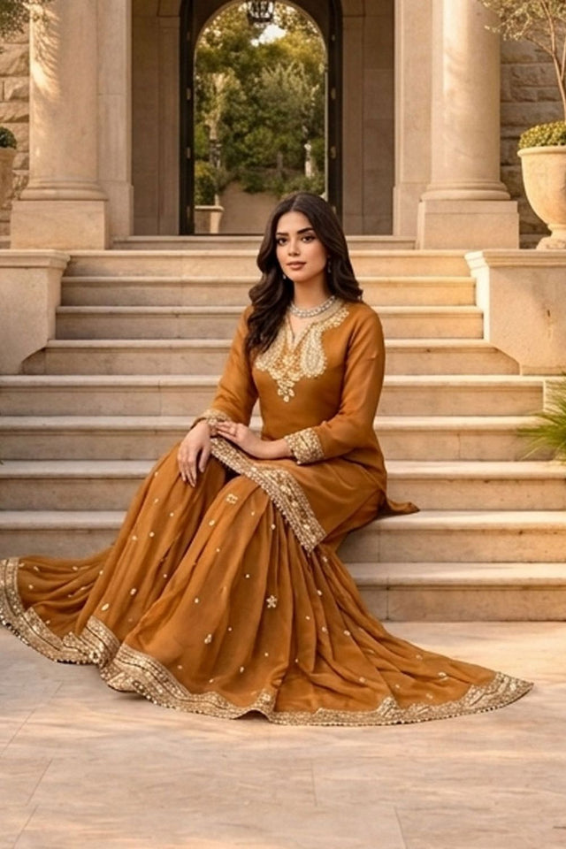 Beige Embroidered Chanderi Sharara Suit (RT-6009)