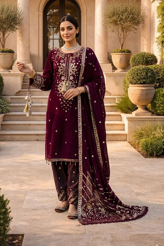 Wine Sequin Art Silk Straight Cut Suit (RT-6010)