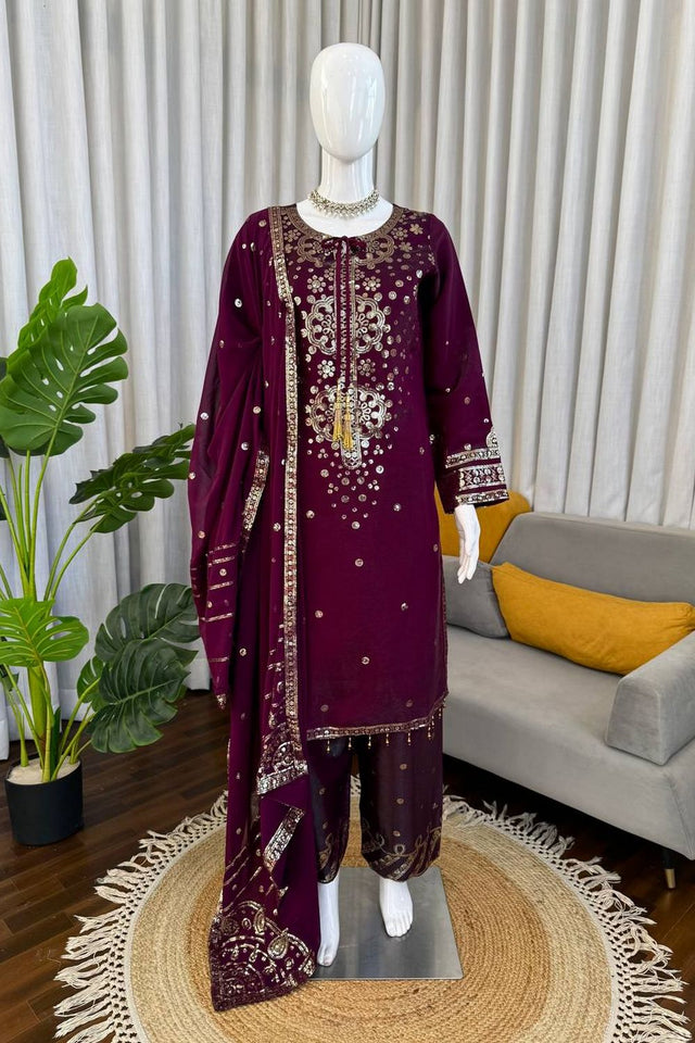 Wine Sequin Art Silk Straight Cut Suit (RT-6010)