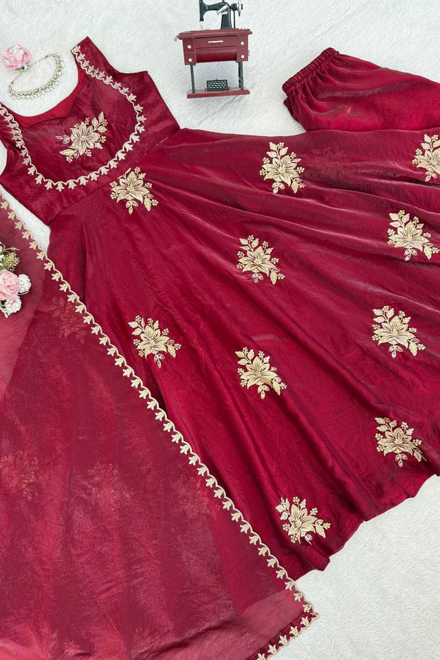 Maroon Floral Embroidered Art Silk Palazzo Suit (RT-6011-maroon)