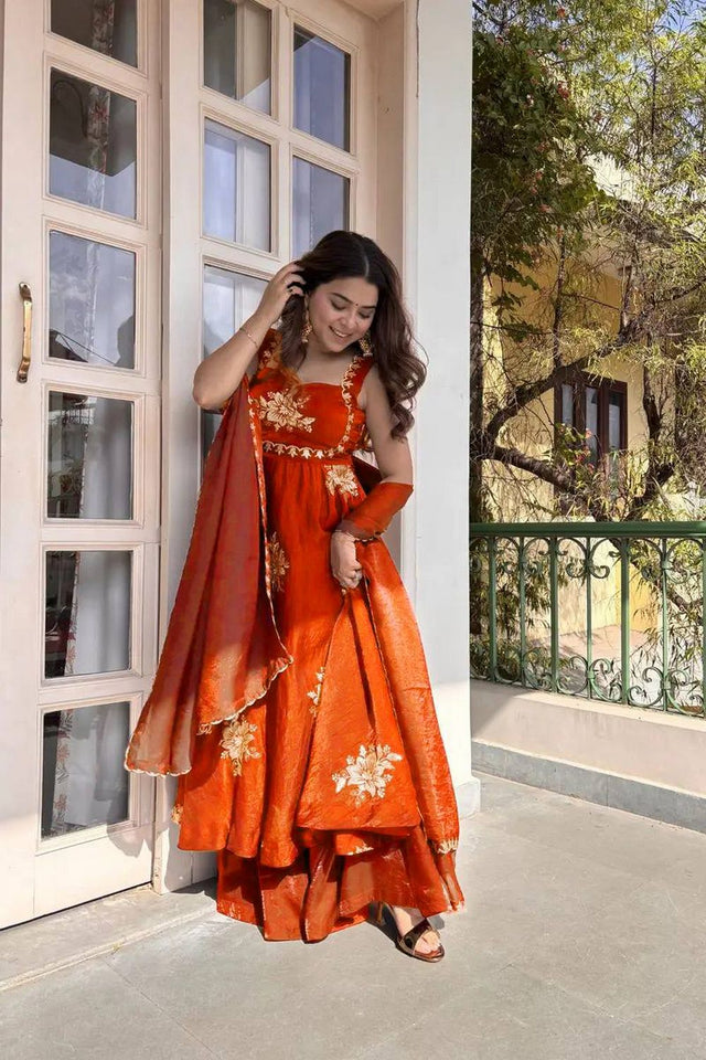 Orange Floral Embroidered Art Silk Palazzo Suit (RT-6011-orange)