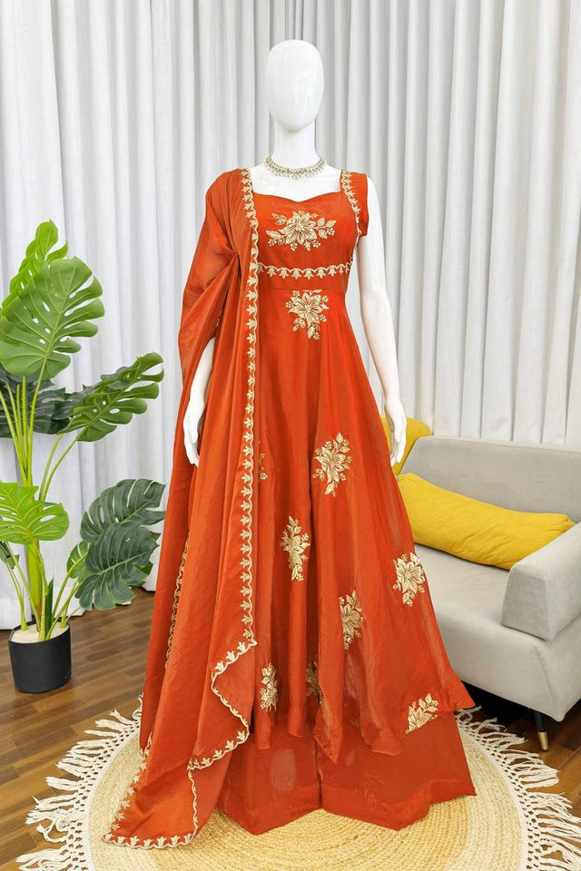 Orange Floral Embroidered Art Silk Palazzo Suit (RT-6011-orange)