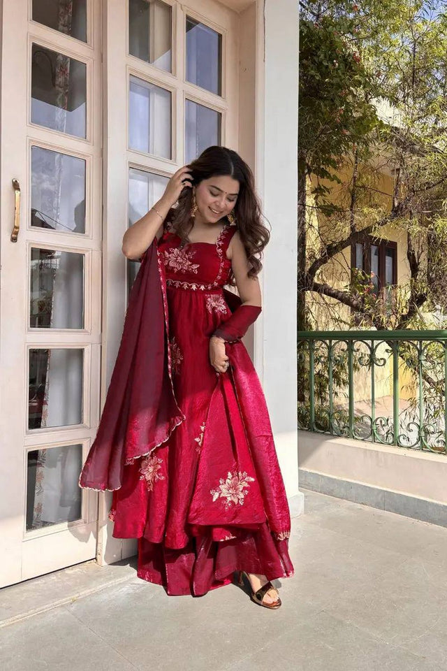 Pink Floral Embroidered Art Silk Palazzo Suit (RT-6011-pink)