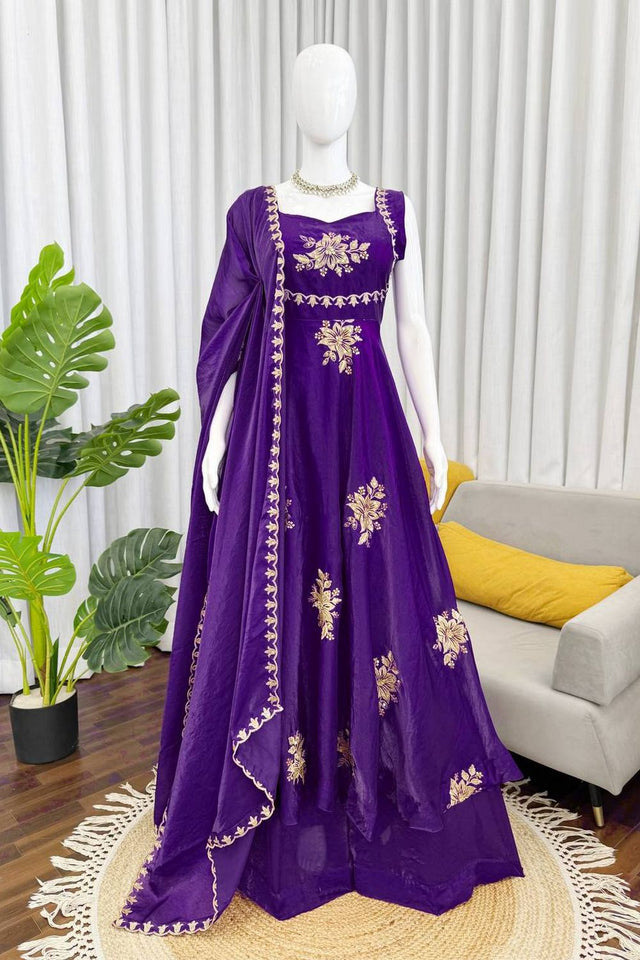 Violet Floral Embroidered Art Silk Palazzo Suit (RT-6011-violet)