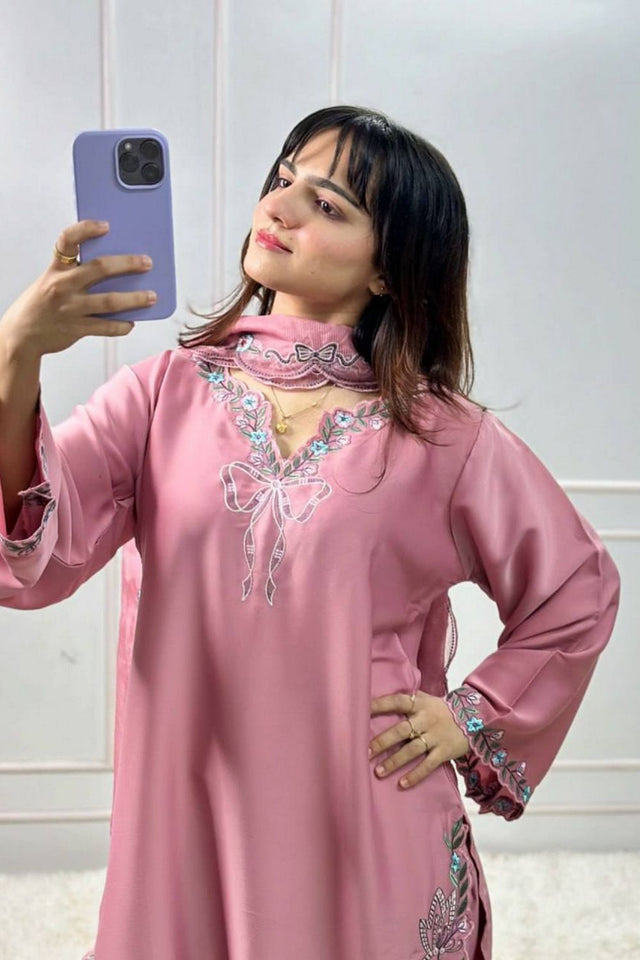 Pink Floral Embroidered Crepe Palazzo Suit (RT-6014-light pink)