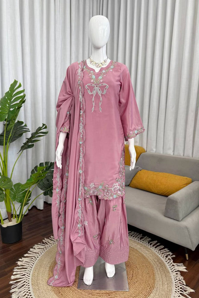 Pink Floral Embroidered Crepe Palazzo Suit (RT-6014-light pink)