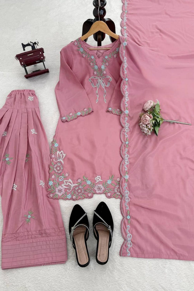 Pink Floral Embroidered Crepe Palazzo Suit (RT-6014-light pink)