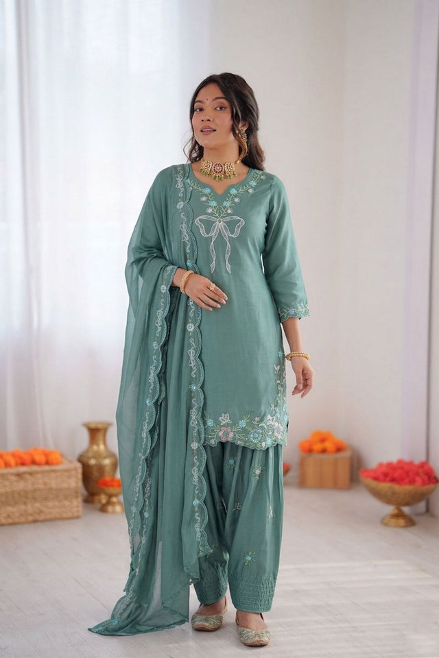 Sea Green Floral Embroidered Crepe Palazzo Suit (RT-6014-sea gren)