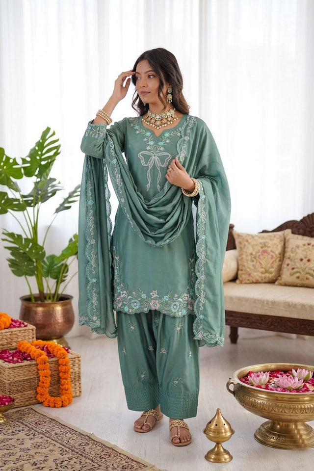 Sea Green Floral Embroidered Crepe Palazzo Suit (RT-6014-sea gren)