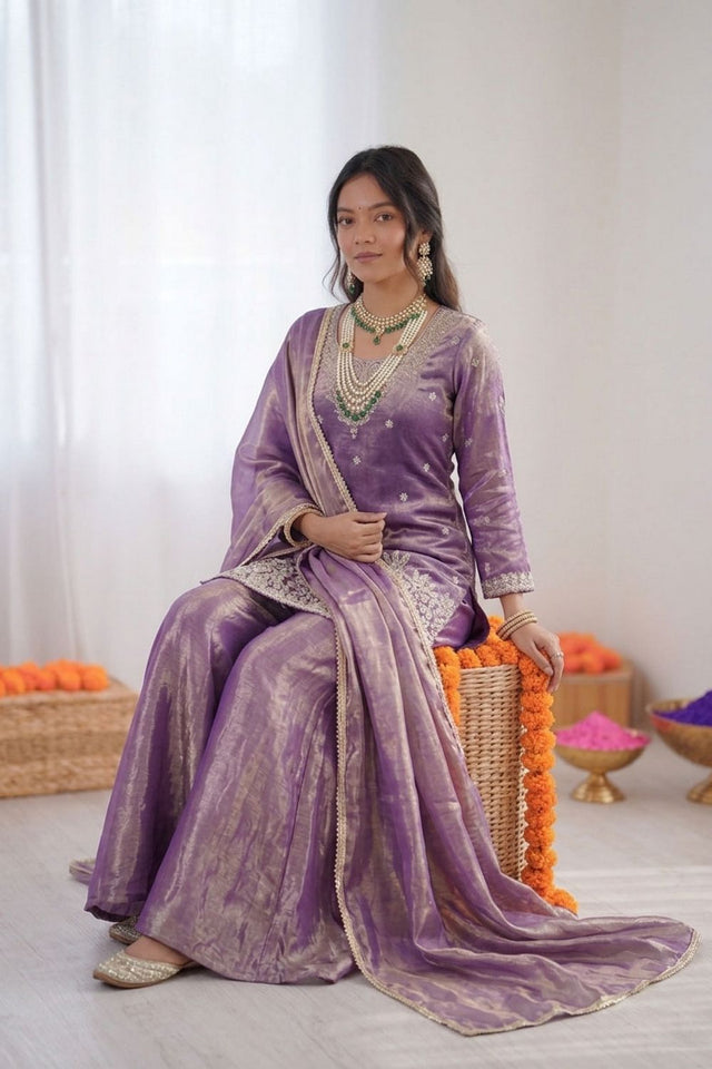 Lavender Floral Embroidered Art Silk Palazzo Suit (RT-6015-lavender)