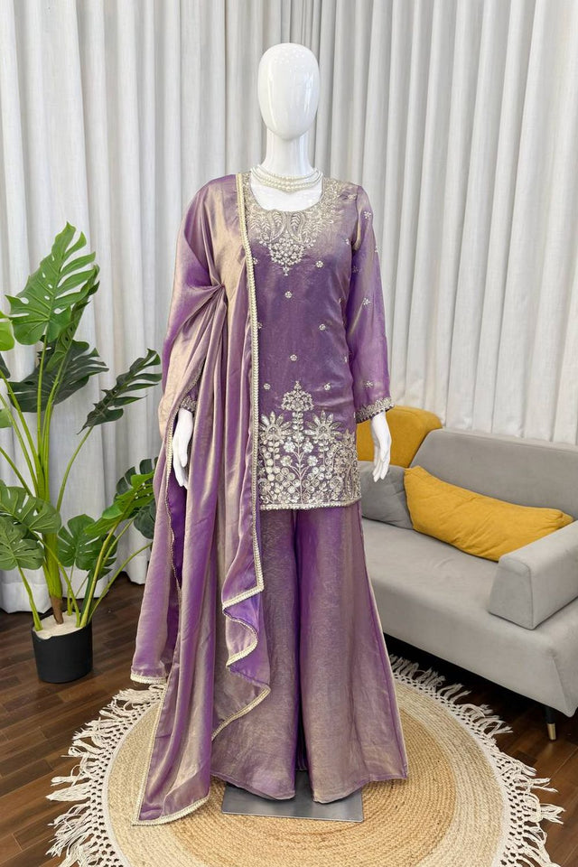 Lavender Floral Embroidered Art Silk Palazzo Suit (RT-6015-lavender)