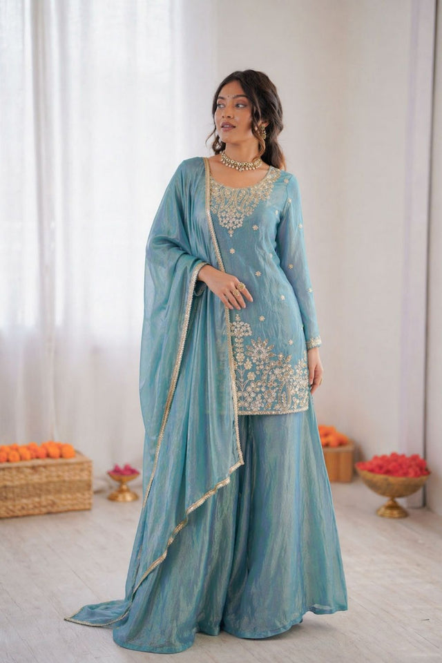 Blue Floral Embroidered Art Silk Palazzo Suit (RT-6015-sky blue)