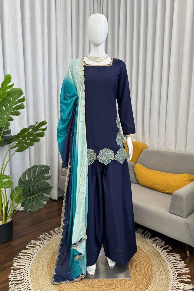Blue Floral Embroidered Crepe Palazzo Suit (RT-6016)
