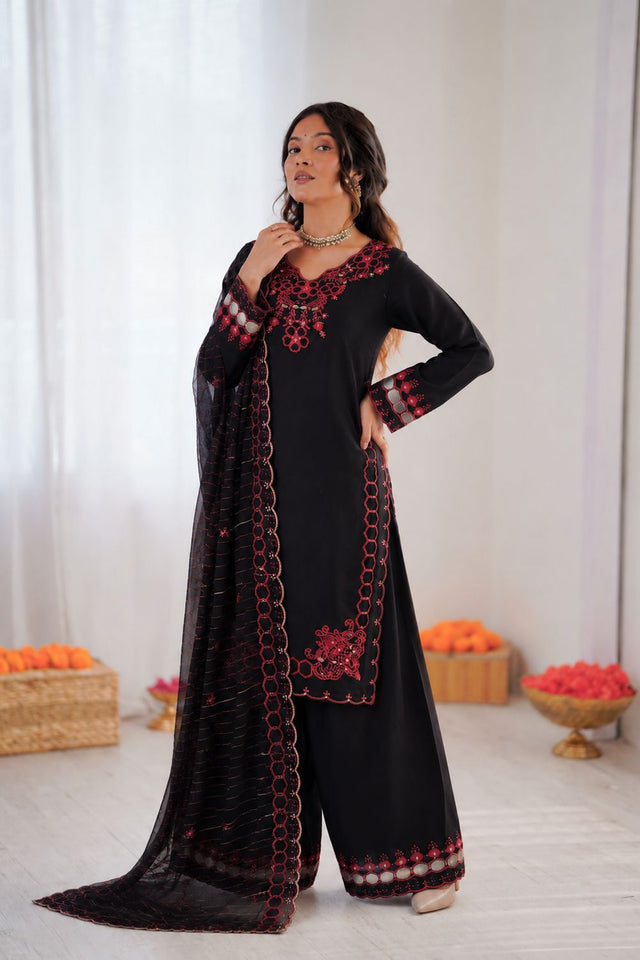 Black Floral Embroidered Chanderi Straight Cut Suit (RT-6018-black)