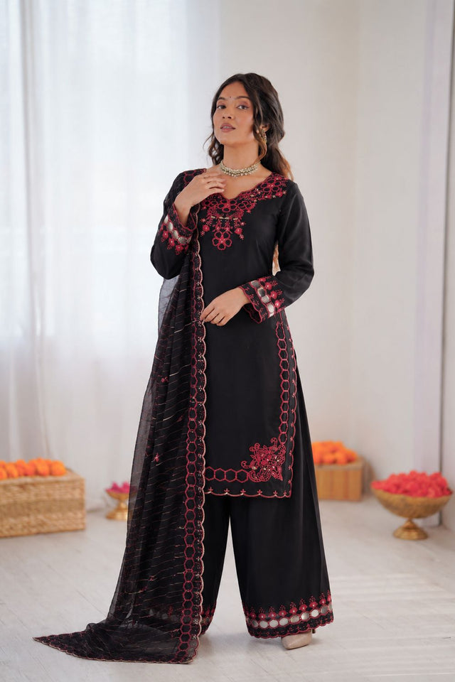 Black Floral Embroidered Chanderi Straight Cut Suit (RT-6018-black)