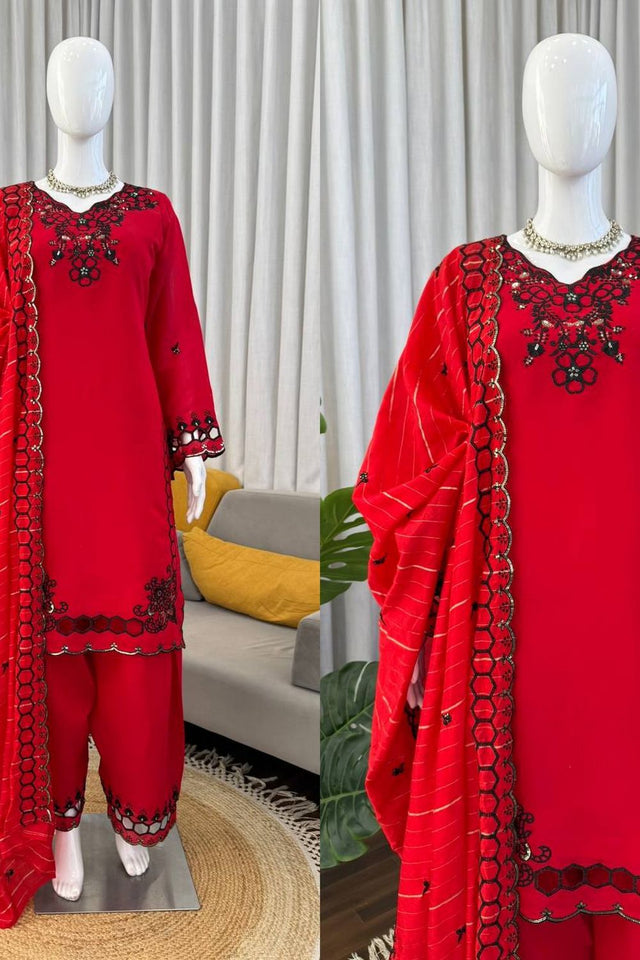 Red Floral Embroidered Chanderi Straight Cut Suit (RT-6018-red)