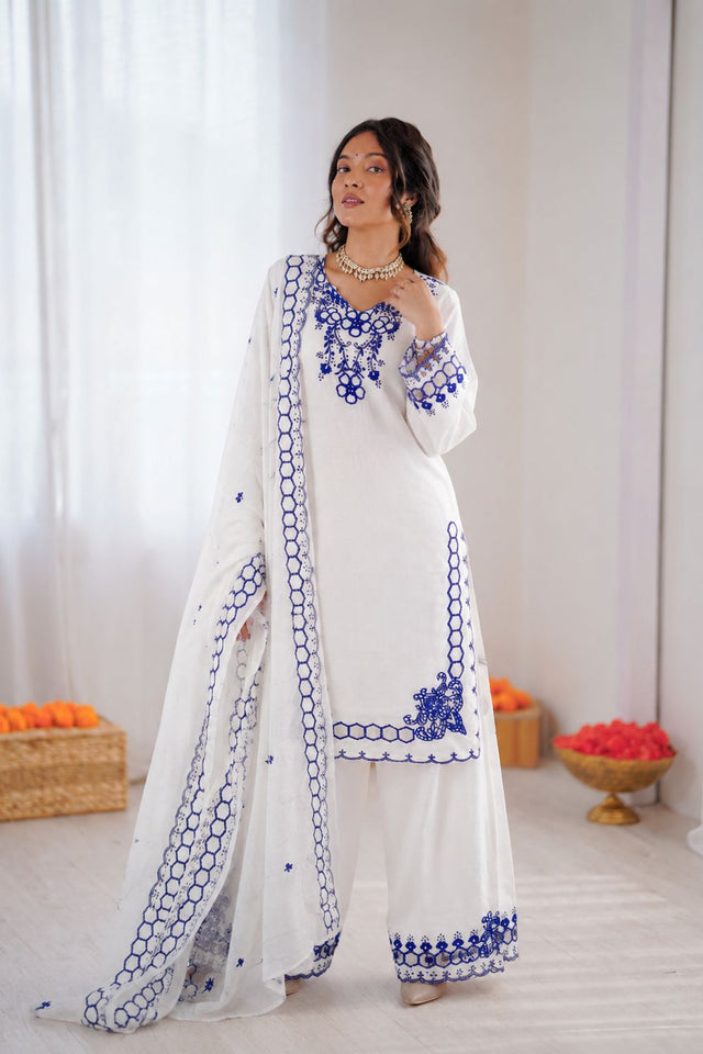 Off White Floral Embroidered Chanderi Straight Cut Suit (RT-6018-white)