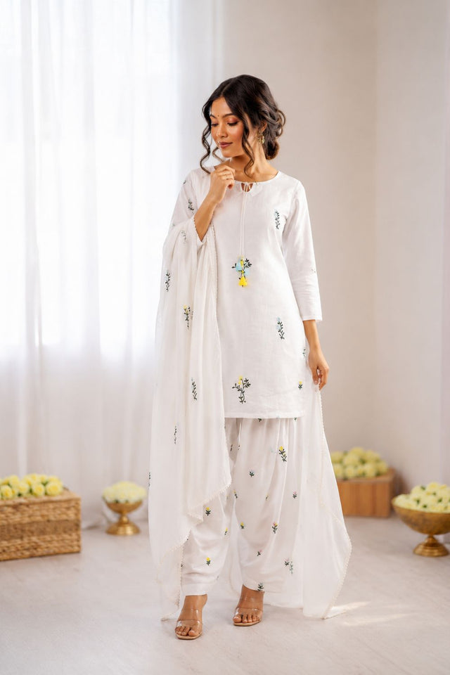 Off White Floral Embroidered Chanderi Straight Cut Suit (RT-6019)