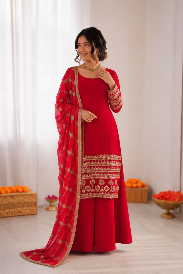 Red Embroidered Georgette Palazzo Suit (RT-6022)