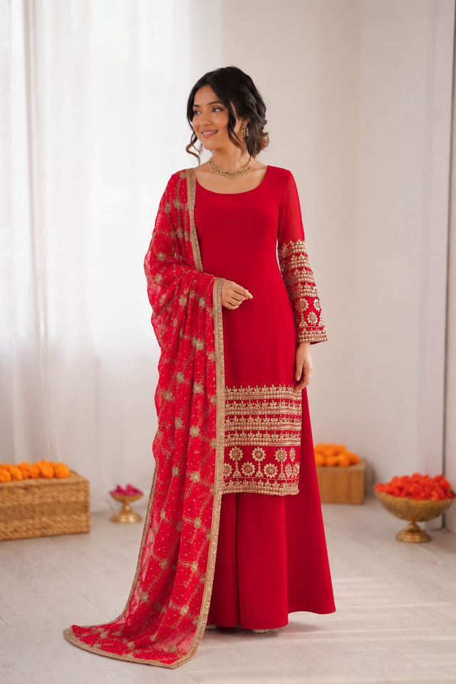 Red Embroidered Georgette Palazzo Suit (RT-6022)